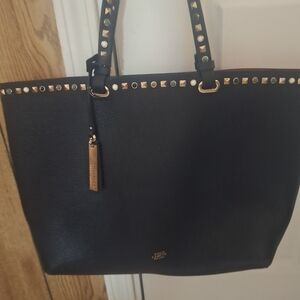 Vince Camuto Large Black Leather Tote with Gold And Stone Accents On Straps